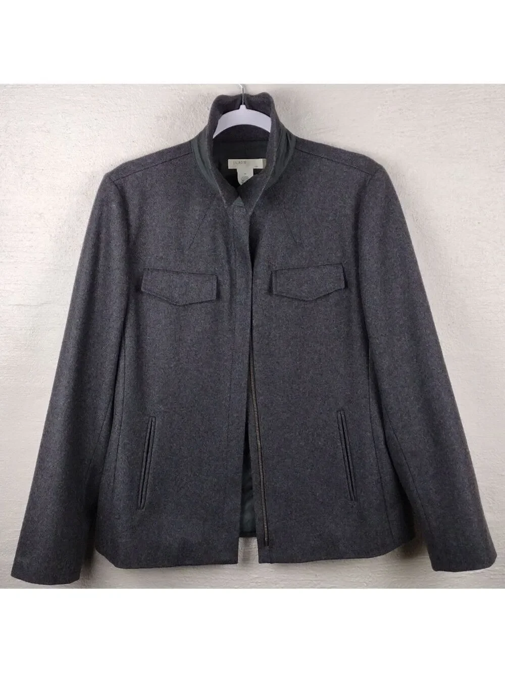 J. Crew Dark Gray Wool Blend Snap Collar Funnel Neck Long Sleeve Zip Up Coat
